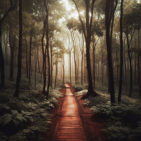 wooden path in the misty forest, 3d render illustrationの素材