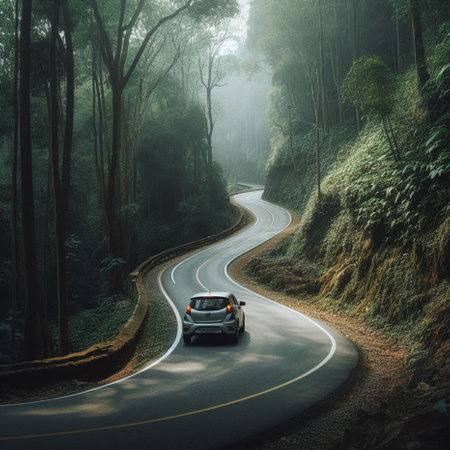 Car driving on a mountain road in the foggy morning. Travel concept.の素材