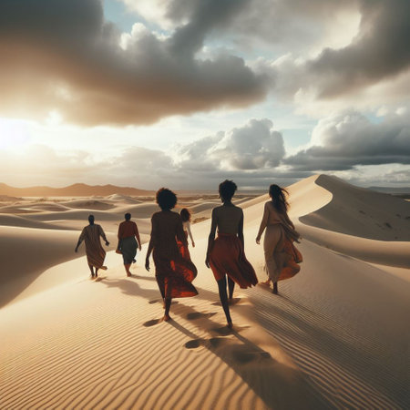 Group of people walking in the sand dunes at sunset. Africaの素材