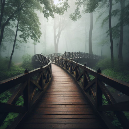 Wooden bridge in the forest in a foggy misty morningの素材