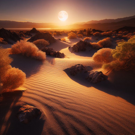 Sunset in the desert with sand dunes. 3d renderの素材