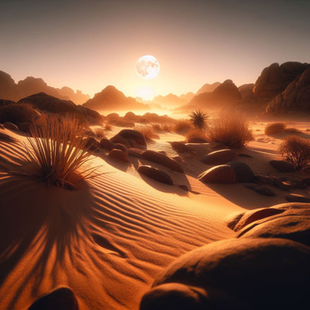 Sunset in the desert with rocks and plants. 3d renderingの素材