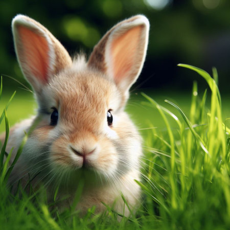 Cute little rabbit on green grass in summer garden. Easter bunnyの素材