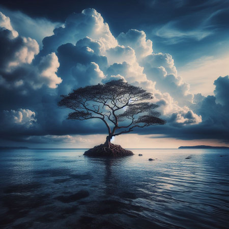 Beautiful seascape with a lonely tree on the island.