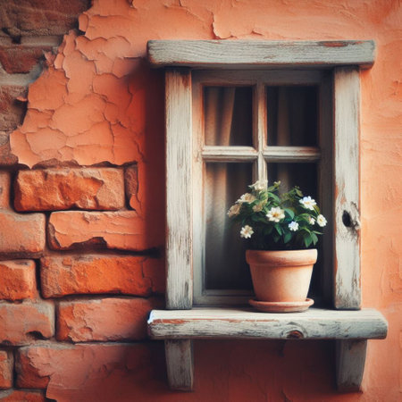 Vintage wooden window with flowers in a pot on a brick wallの素材
