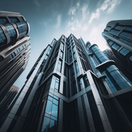 Modern skyscrapers on a background of blue sky. 3d renderingの素材