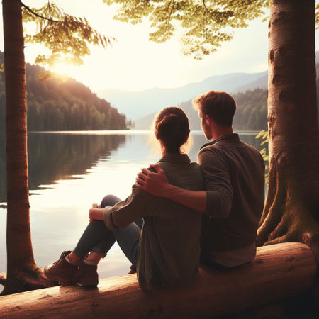 Young couple sitting on a log by the lake and looking at the sunsetの素材