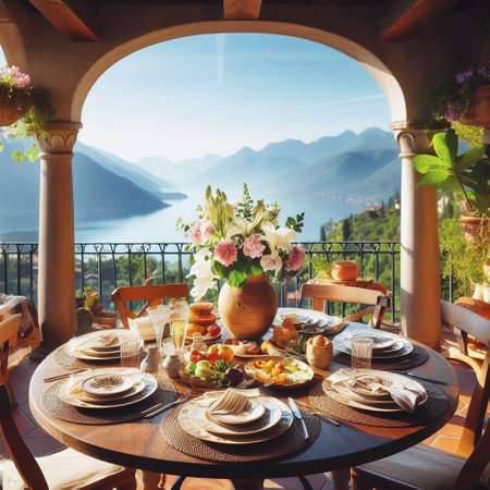 Table set for a romantic dinner on the terrace overlooking the mountainsの素材