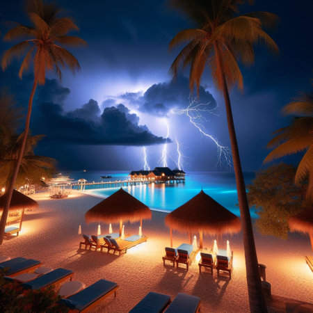 tropical beach at night with umbrellas and sunbedsの素材
