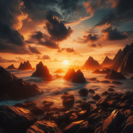 Beautiful seascape with rocks at sunset. Nature composition.の素材