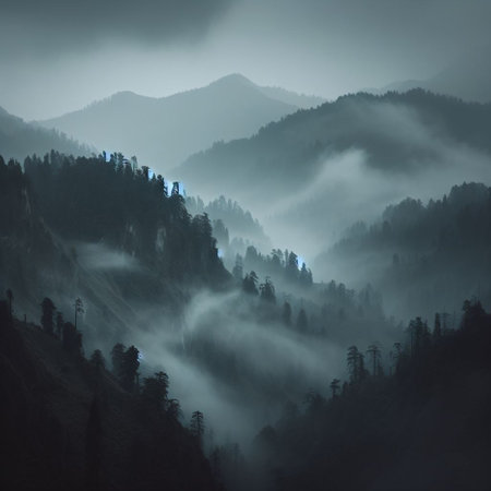 Foggy morning in the mountains. Landscape with fog in the mountains.の素材