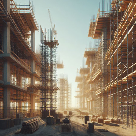 3d rendering of a construction site with scaffolding and building materialsの素材