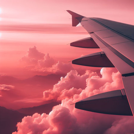 Wing of an airplane flying above the clouds at sunset. Travel conceptの素材