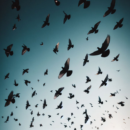 silhouette of a flock of pigeons on a blue backgroundの素材