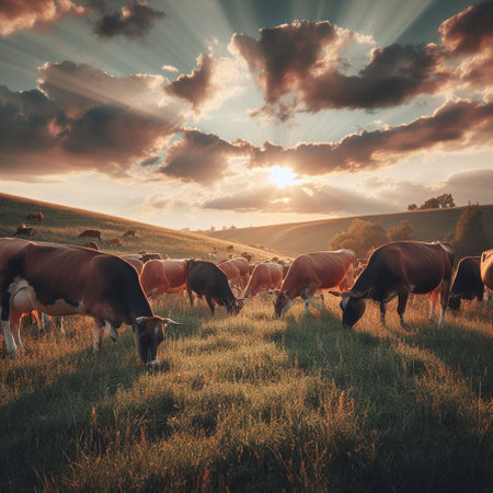 Herd of cows grazing in a meadow in the sunset lightの素材