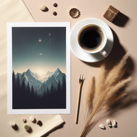 Flat lay composition with photo frames, cup of coffee and decorations on color backgroundの素材