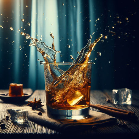 Whiskey splash in glass with ice cubes and cinnamon sticks on wooden tableの素材