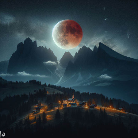 Fantasy landscape with mountains and a church on the background of the moonの素材