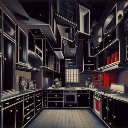 3d rendering of the interior of a modern kitchen in black colorの素材