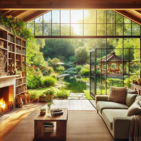 Luxury living room interior design with fireplace, wooden furniture and beautiful garden view. 3D Rendering