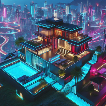 3d rendering of modern cozy house with pool and parking for sale or rent. Beautiful night city with many stars on the sky.の素材