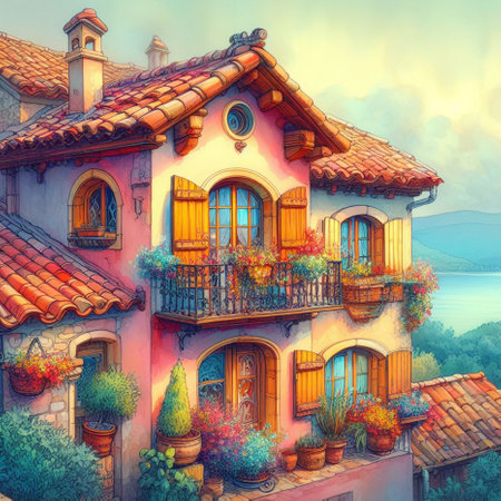 Beautiful house on the background of the lake. Digital painting.の素材