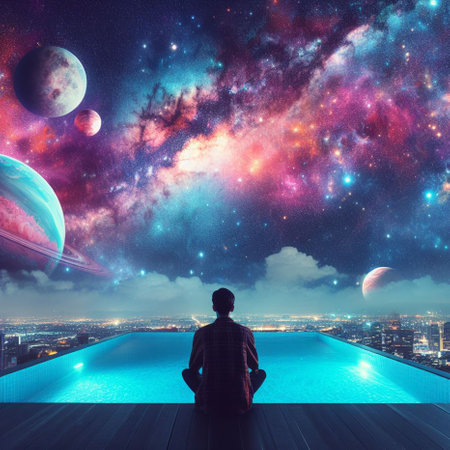 Man sitting on the edge of a swimming pool and looking at the night skyの素材