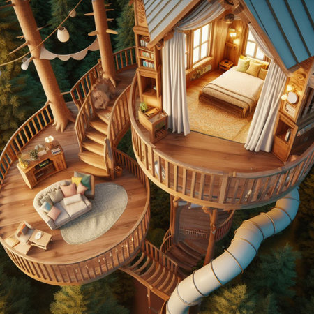 Interior of a wooden house in the forest. 3D renderingの素材