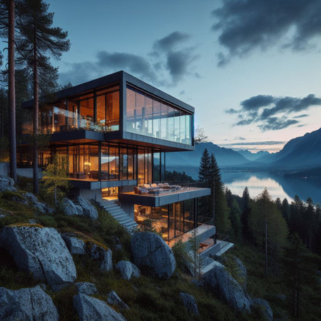 3D render of a modern house with a lake in the backgroundの素材