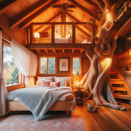Interior of rustic wooden house, cozy bedroom with wooden log cabinの素材