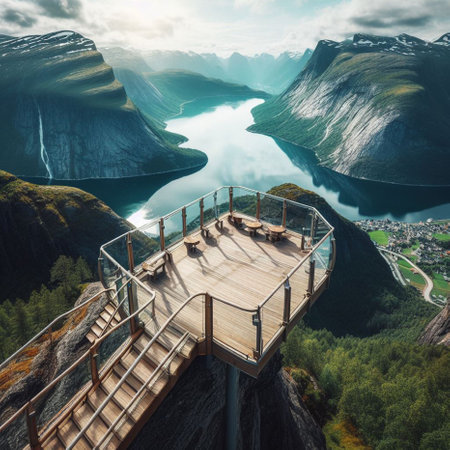 Tourism vacation and travel. Beautiful view of Geiranger fjord, Norway Scandinavia Europe.の素材