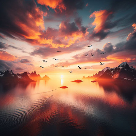 Fantasy landscape with mountains and sea at sunset. Collage.の素材