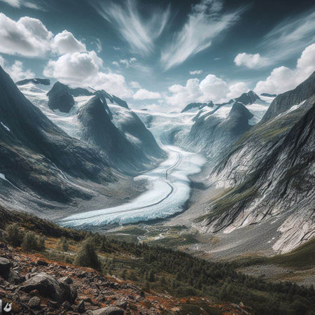 Beautiful mountain landscape with glacier in Norway. Toned image.の素材