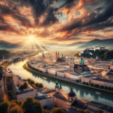 Panoramic view of Salzburg at sunset, Austria.の素材