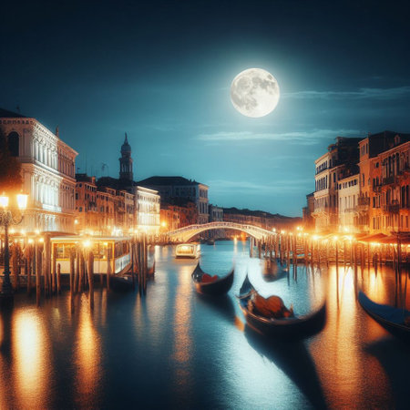 Grand Canal in Venice at night with gondolas and full moonの素材