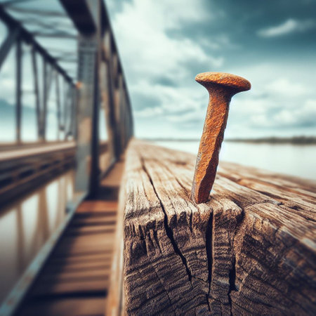 Nail on the wooden pier over the sea. Photo in retro style.の素材