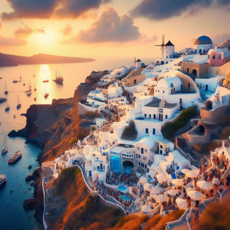 Santorini, Greece. Picturesque view of Oia village on Santorini island at sunset.の素材