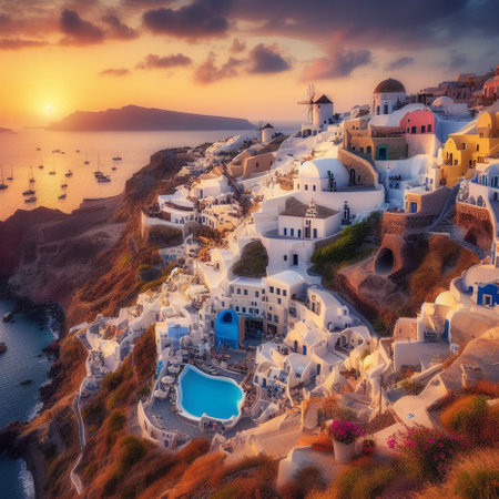 Oia village on Santorini island, Greece at sunset.の素材