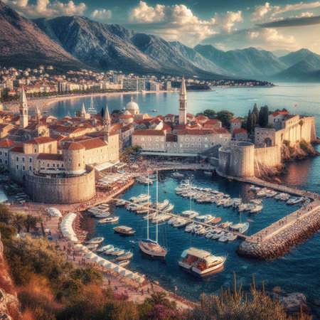 Panoramic view of old town Budva, Montenegro, Balkans, Europe.の素材