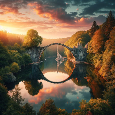 Fantasy landscape with bridge and reflection in lake at sunset. Artistic style.の素材