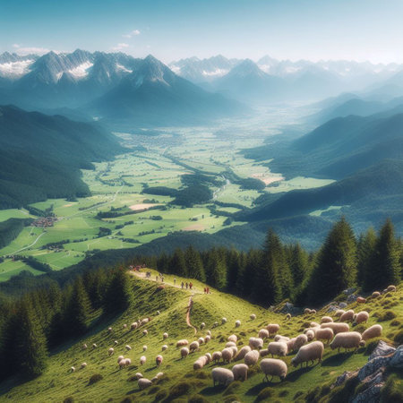Flock of sheep grazing on a green meadow in the mountainsの素材