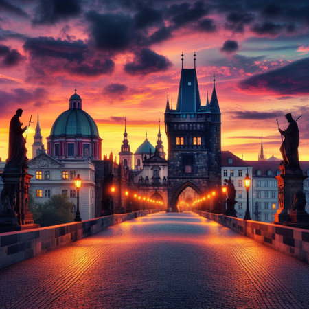 Charles Bridge in Prague, Czech Republic. Beautiful sunset over Charles Bridge.の素材
