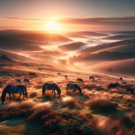 Beautiful landscape image of horses grazing on the hillside at sunriseの素材