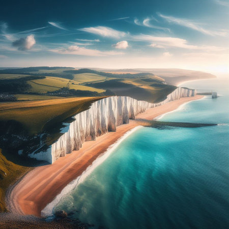 Famous Seven Sisters cliffs at sunset, East Sussex, England, UKの素材