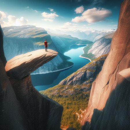 Tourism vacation and travel. Man standing on edge of cliff above fjord in Norway Scandinavia Europe.の素材