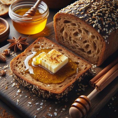 Slices of bread with butter and honey on a wooden boardの素材