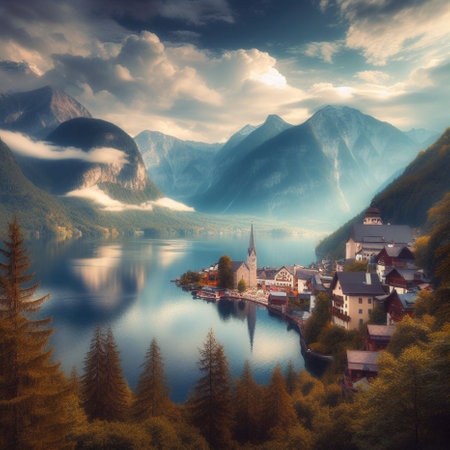Fantastic view of Hallstatt village on the lake. Dramatic overcast sky. Artistic style post processed photo.の素材