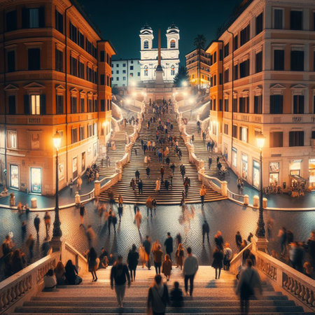 Rome, Italy. Steps of Piazza Navona at nightの素材