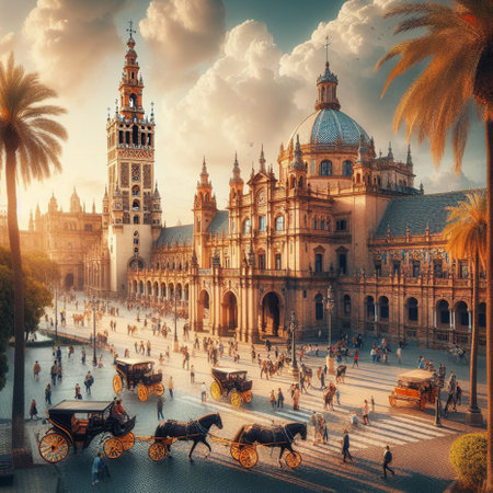 Seville Spain Plaza de Espana square with horse drawn carriageの素材