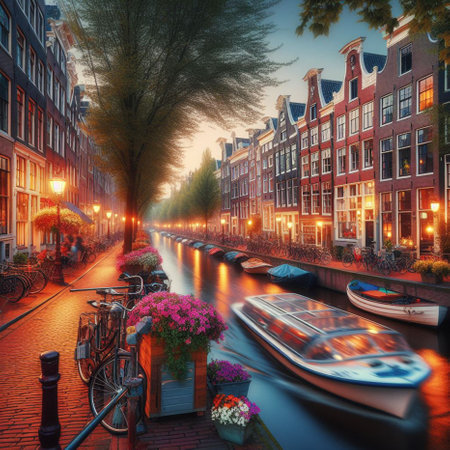 Amsterdam canal at night, Holland, Netherlands. Digital painting.の素材